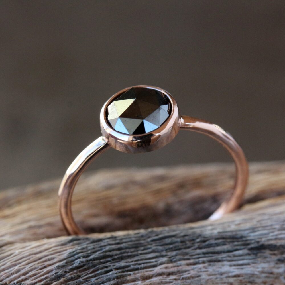Rose Cut Black Diamond Ring, Solid 14K Gold Hammered Band, Engagement Ring