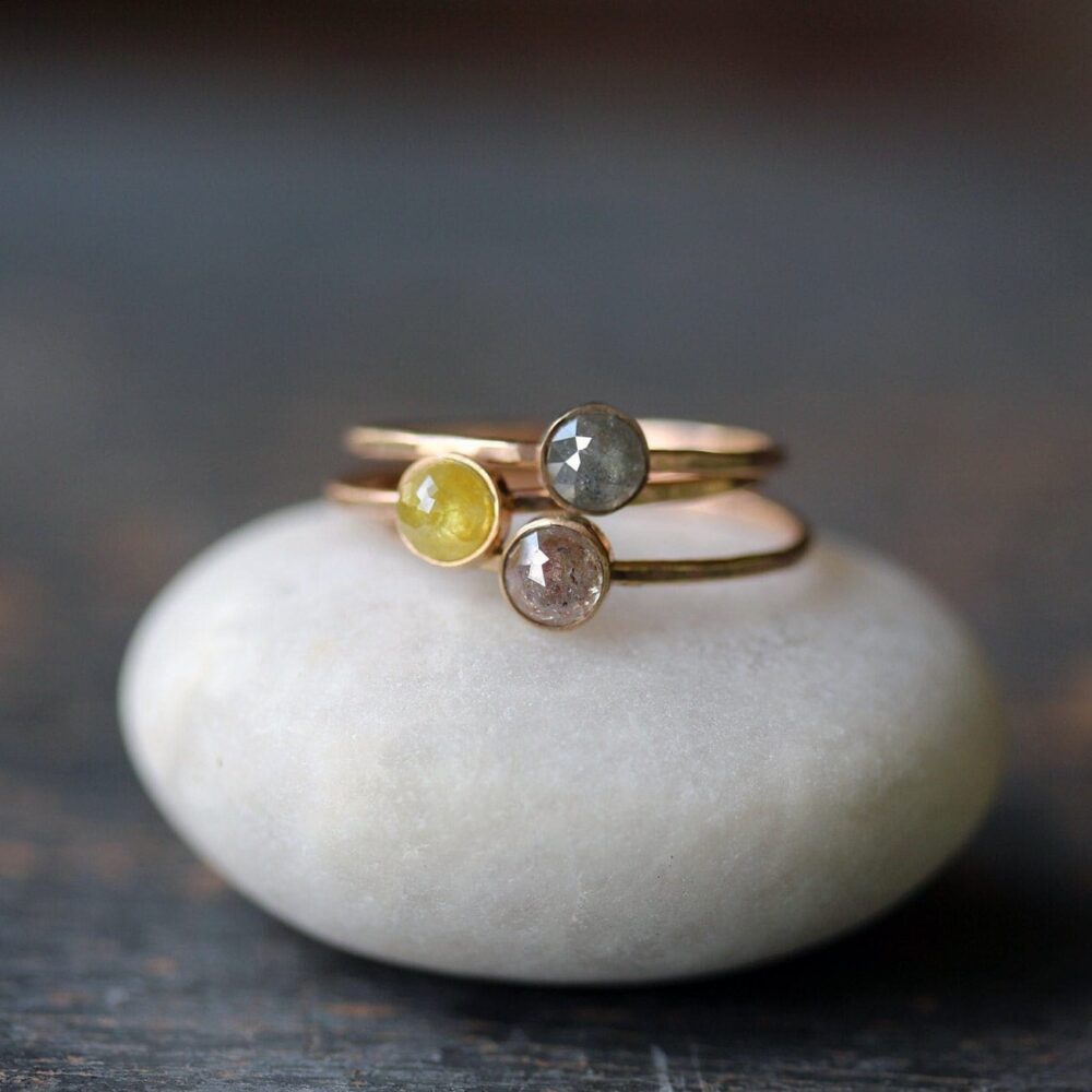 Rose Cut Diamond Stacking Ring, Rustic Slim Solid 14K Gold Hammered Band