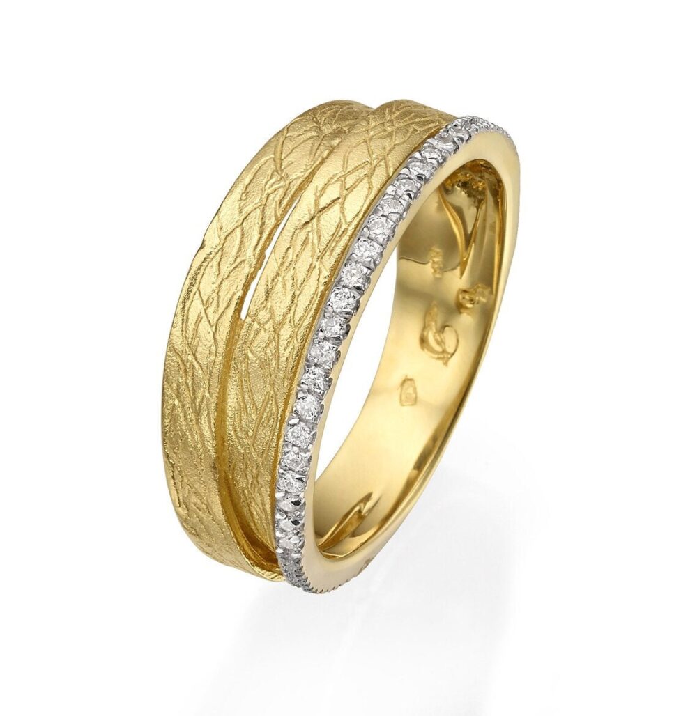 14K Gold Wedding Band With Diamonds, Three Band Ring, Dainty Diamonds Adjustable Ring For Women, Hammered Band, Textured