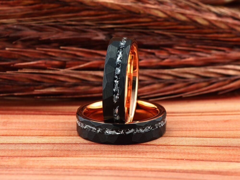 Womens Meteorite Wedding Ring, Black/Rose Gold Hammered Band, Meteor Faceted Tungsten Ring Comfort Fit 5mm