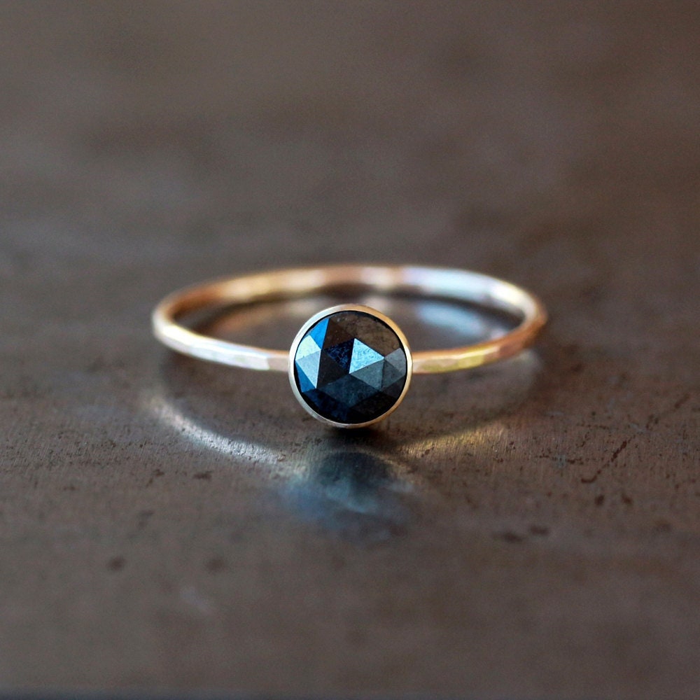 Rose Cut Black Diamond Ring, Your Choice Diamond, Solid 14K Gold Hammered Band, Unique Engagement Low Profile Ring