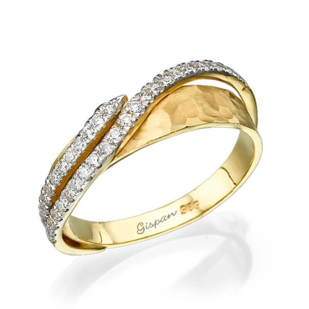 14K Gold Diamond Ring Wrap Hammered Band Yellow Statement Crossover Modern Design