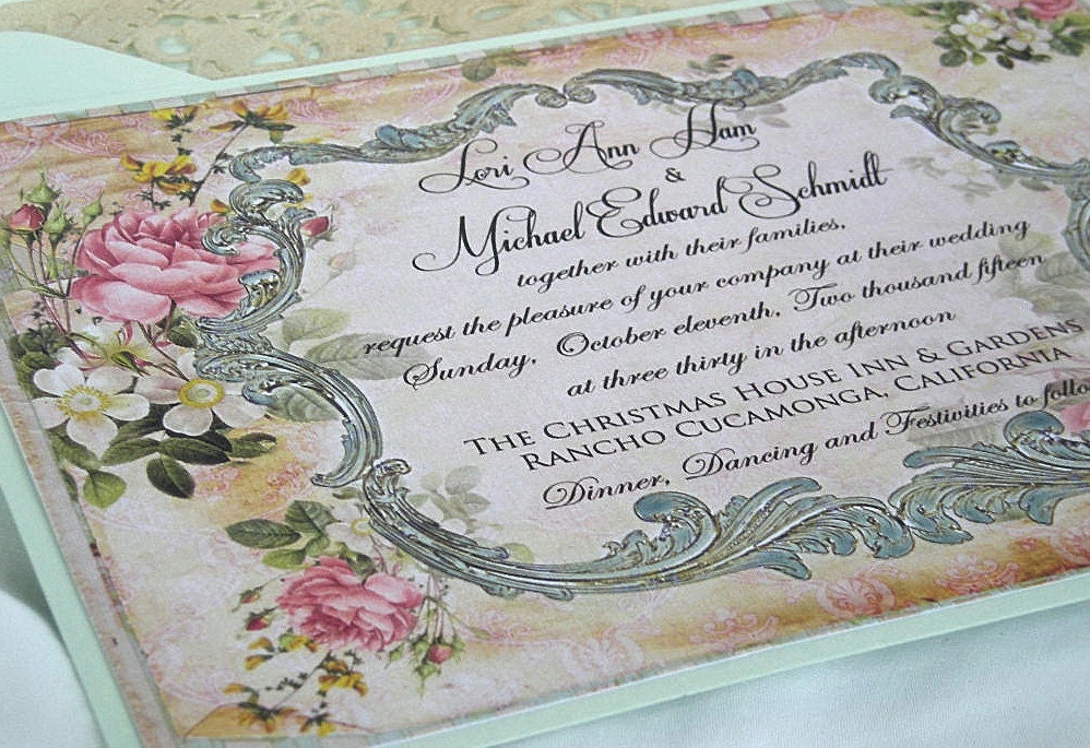 50 Wedding Invitations Sets Mint Green Invitation Shabby Chic Rustic Vintage Lace
