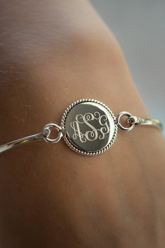 Bridesmaid Present Nautical Rope Monogram Bracelet in Sterling Silver Stacking Bangle Personalized For Wedding Mother Mom