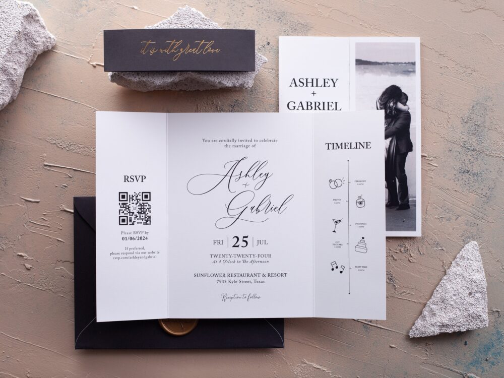 Black & White Wedding Invitation, Folded Invite With Qr Code Rsvp, Elegant Photo Invitation Details