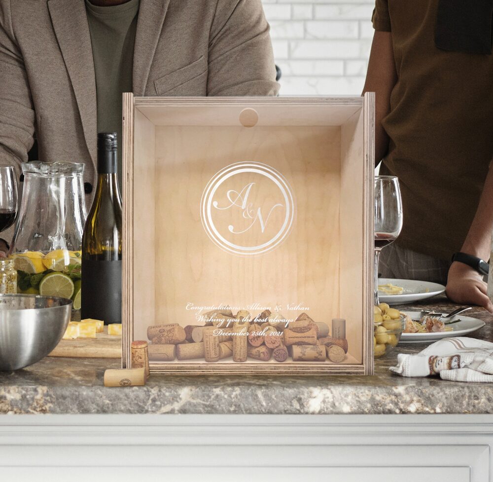 Wine Box Cork Collector Combo Shadow, Custom Engraved Christmas Anniversary Wedding Engagement Gift For Couple, Etched Glass & Bottle