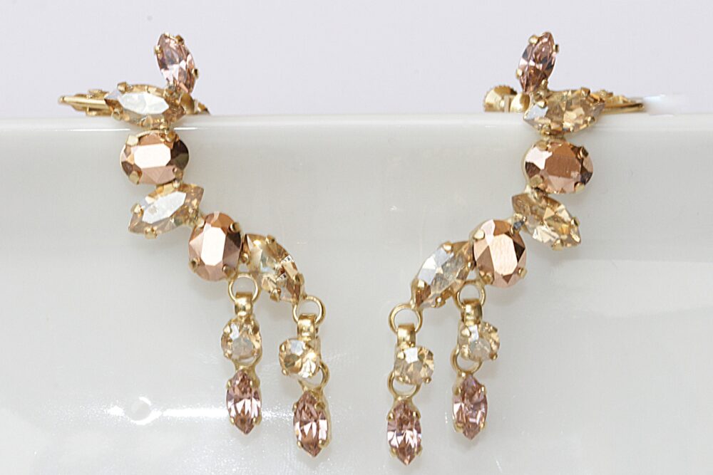 Bridal Rose Gold Crystal Ear Climber Earrings, Champagne Tassel Cuff