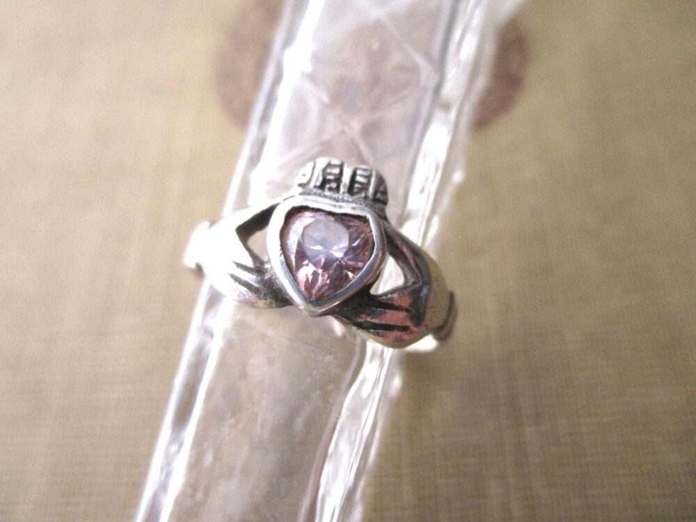 Vintage Sterling Silver & Pink Heart Ring - Irish, Claddagh, Size 6.75