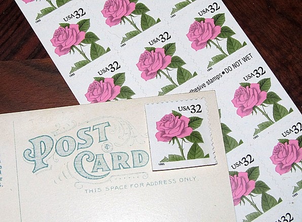 32C Pink Roses 20 Unused Vintage Postage Stamps | Wedding Postage Valentine's Day Love Letters Self-Sticking Flowers