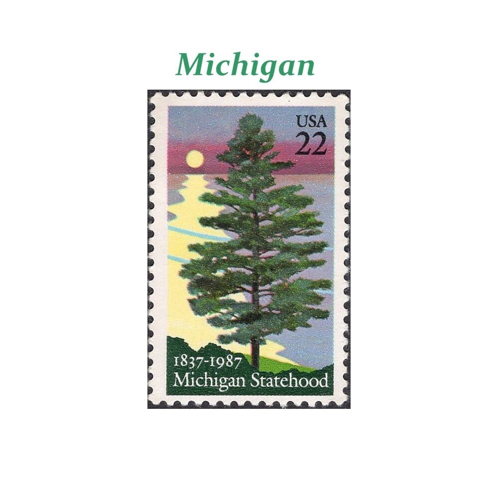 22C Michigan Statehood Stamp | Vintage Unused Us Postage Stamp Pack Of 10 Stamps Pine Tree Great Lakes Wolverines Lakeside Wedding