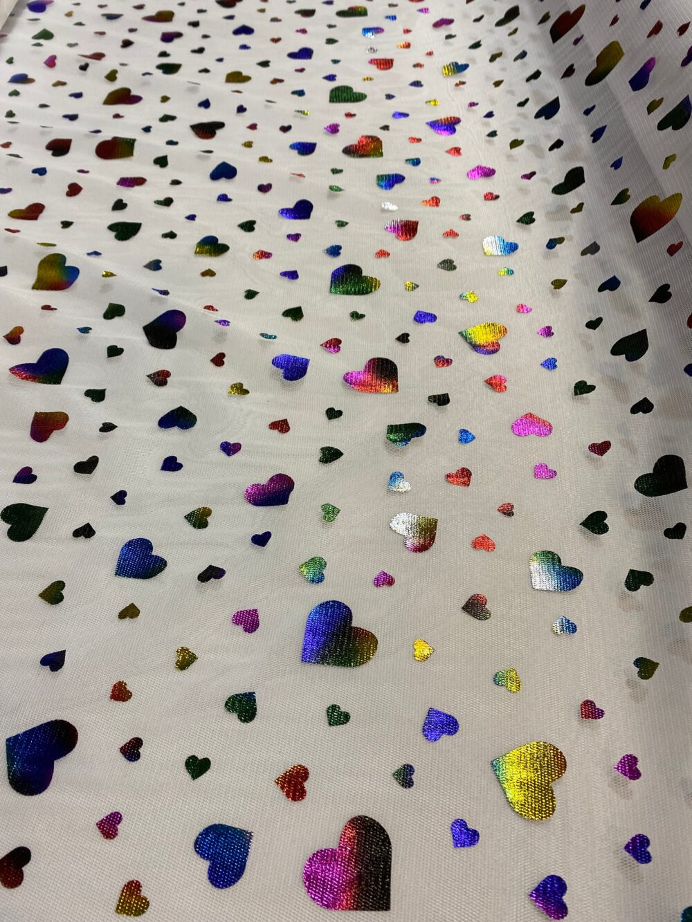 Rainbow Heart Print Tulle Holographic Patterned Stretch Fabric - Party Dress, Skirts
