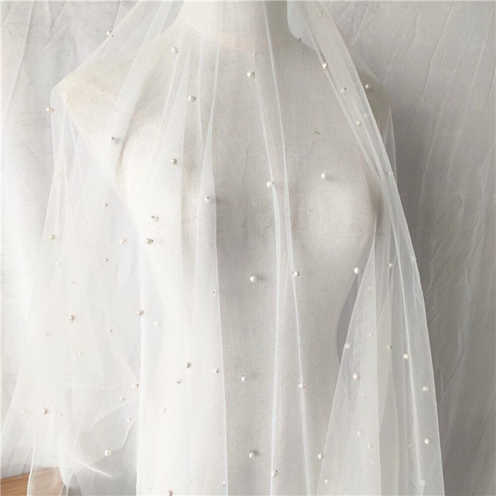 White Tulle Bead Pearl Lace Fabric Exquisite Bridal Wedding Headband Dress 300cm Width 150cm