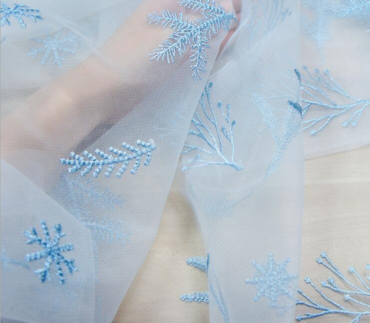 1 Yard Blue/Pink/White Tulle Snowflake Tree Lace Fabric Embroidered Bridal Wedding Autumn Winter Dress 51" Width