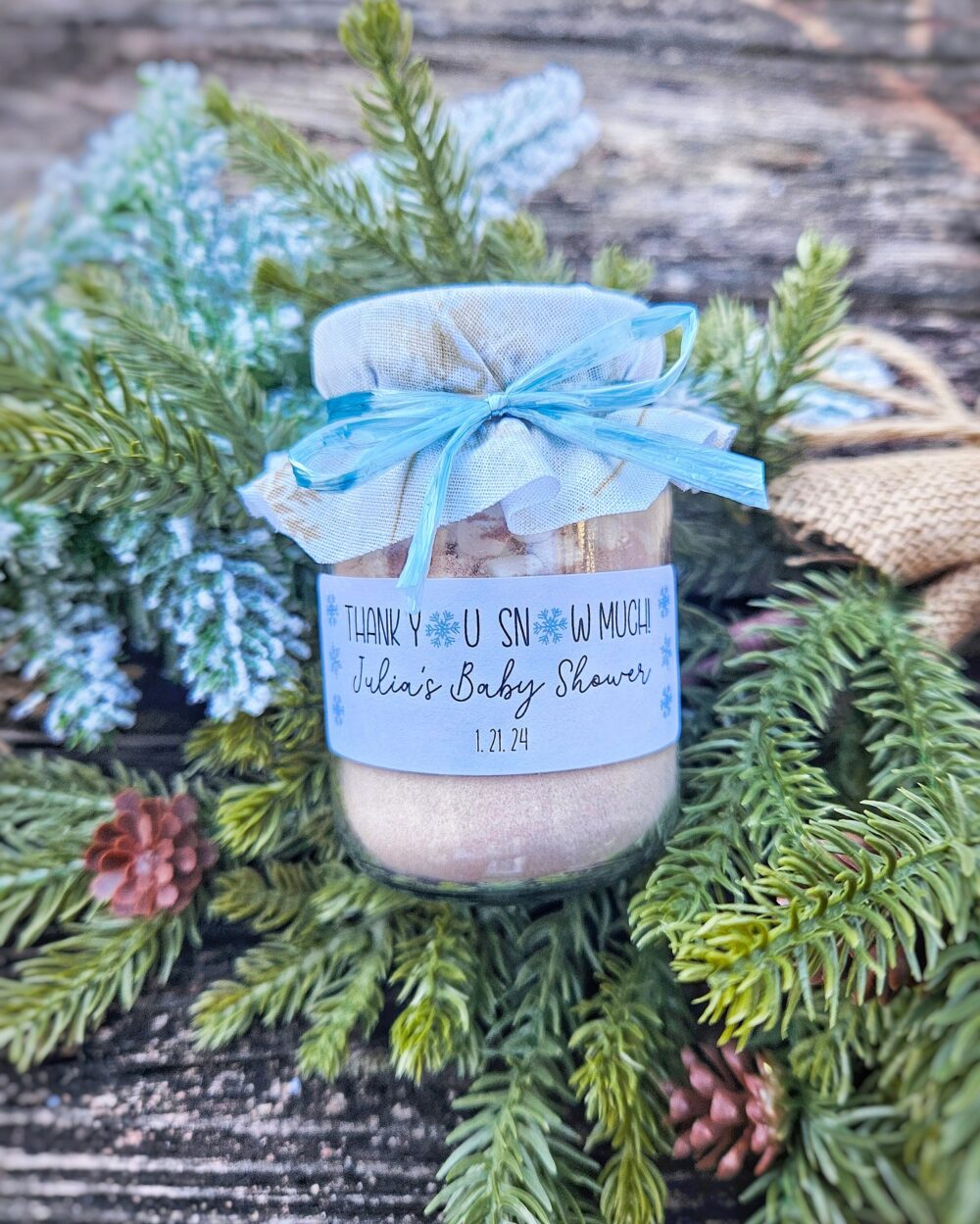 Personalized Hot Cocoa Jar Favor Snow Much Fun Baby Shower, Winter Wedding, Corporate Gifts