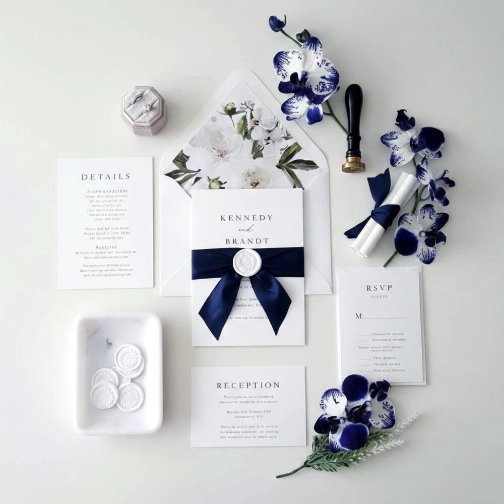 Navy Blue & White Flower Wedding Invitation Invite, Silk Ribbon & Wax Seal