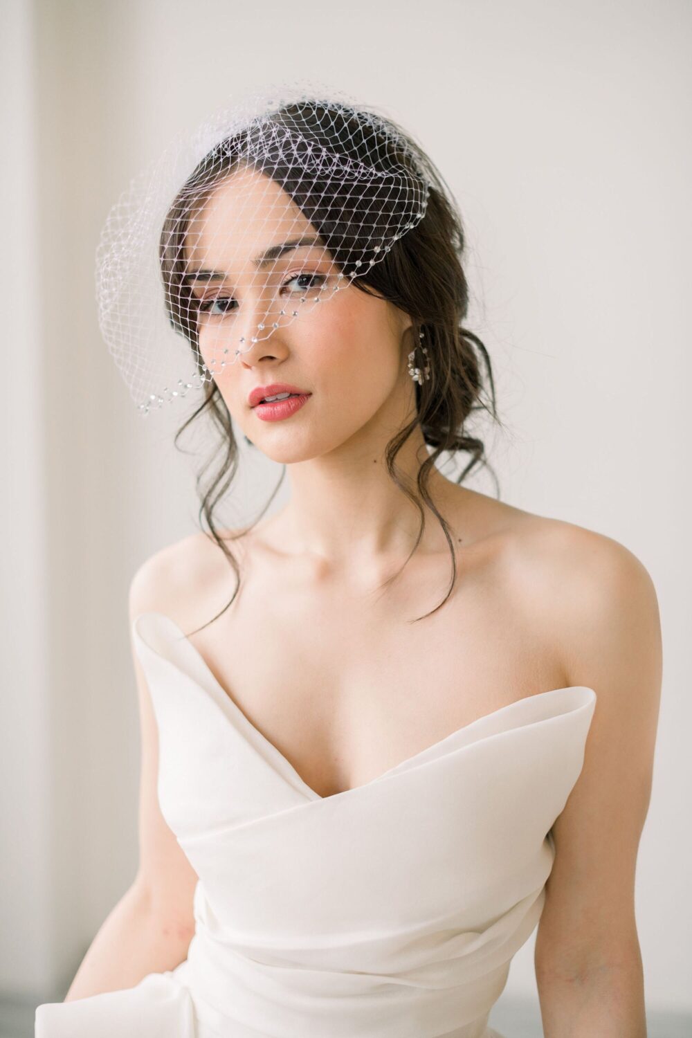 Crystal Edge Bridal Birdcage Veil, Rhinestone Blusher Veil