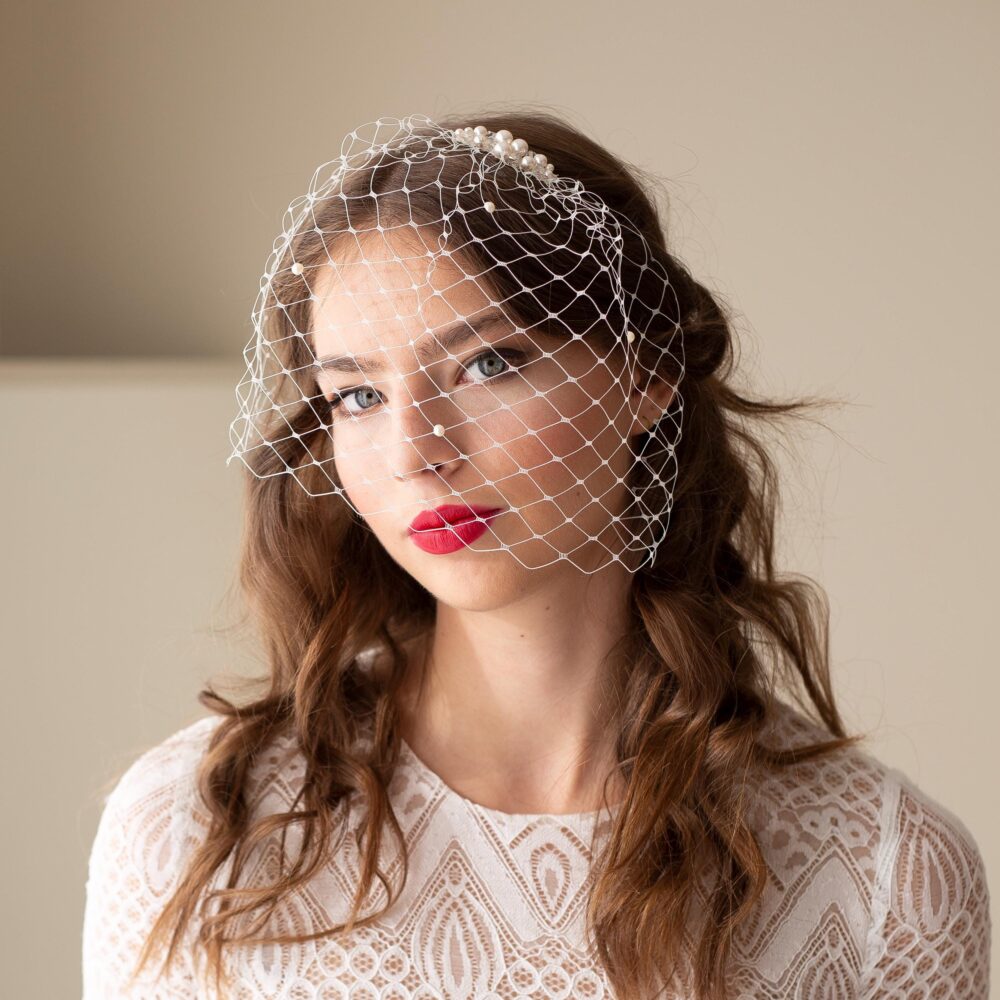 Pearl Birdcage Wedding Veil, Swarovski Crystal Beaded Bridal Face Netting Veil