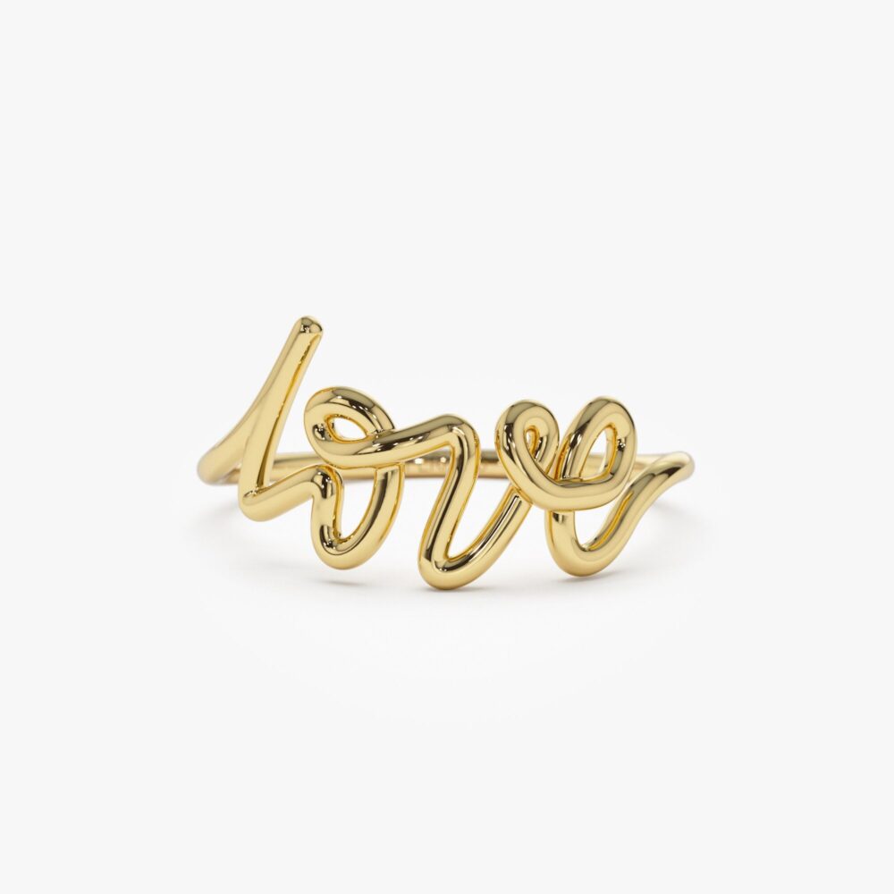 Script Love Ring, 14K Solid Gold Stackable Minimalist Statement Dainty Cursive Letter Gift For Girlfriend, Birthday