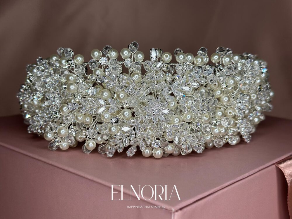Pearl Tiara Wedding Crown Headband For Princess Bride With Cubic Zirconia Crystals