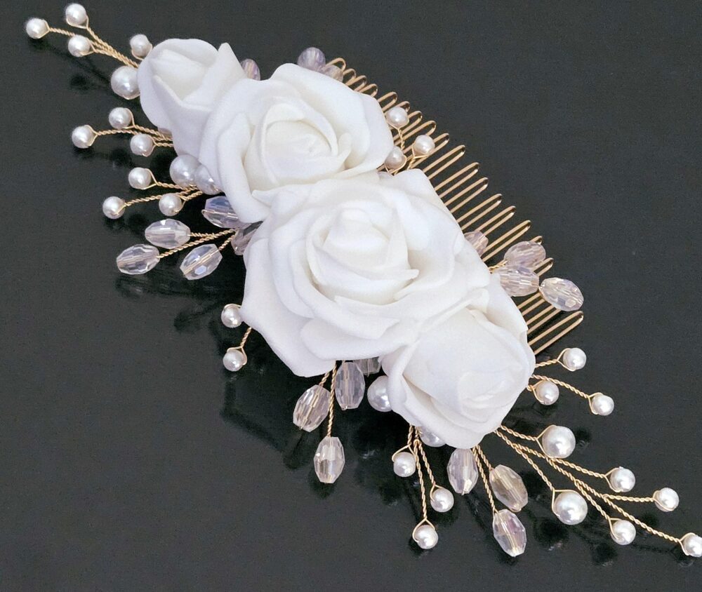 White Floral Gold Wedding Hair Comb, Pearl Crystal Bridal Piece, Headpiece, Side Accessory