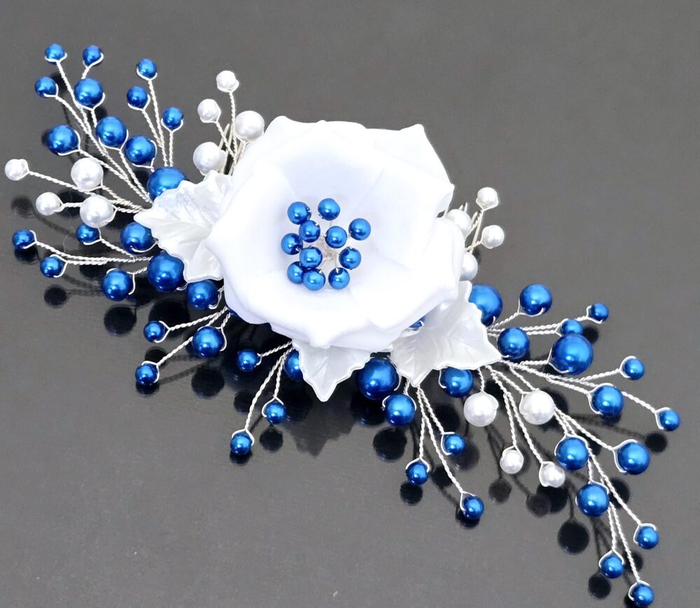 Blue Pearl Wedding Hair Comb, White Bridal Piece, Side Floral Headpiece Prom Accessory