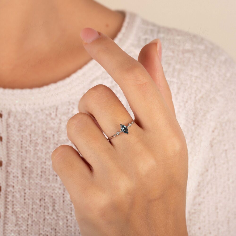 Marquise London Blue Topaz Engagement Ring, Dainty Art Deco Bridal Wedding Women Minimalist Anniversary Promise Ring
