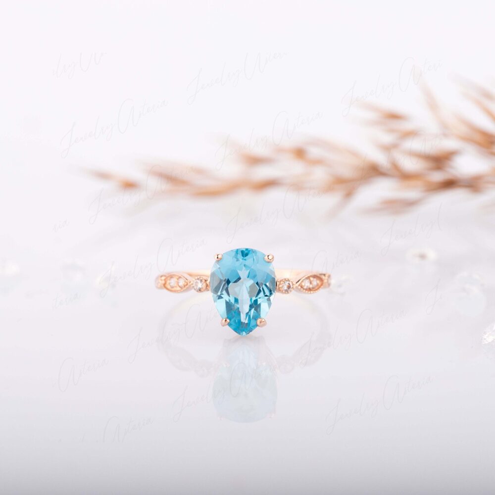 Swiss Blue Topaz Engagement Ring Rose Gold, Unique Art Deco Pear Cut Wedding Ring, Topaz Anniversary Promise Gift For Her