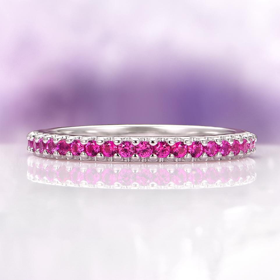 Ruby Wedding Band in 925 Sterling Silver - 2mm July Birthstone Minimalist Band - Stackable Ring Anniversary Or Birthday Gift For Her