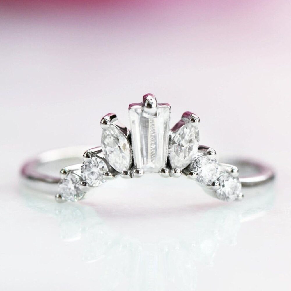 Art Deco Cluster Diamond Wedding Band - Sterling Silver Band - Crown Ring - Curved Matching Band Gift For Her