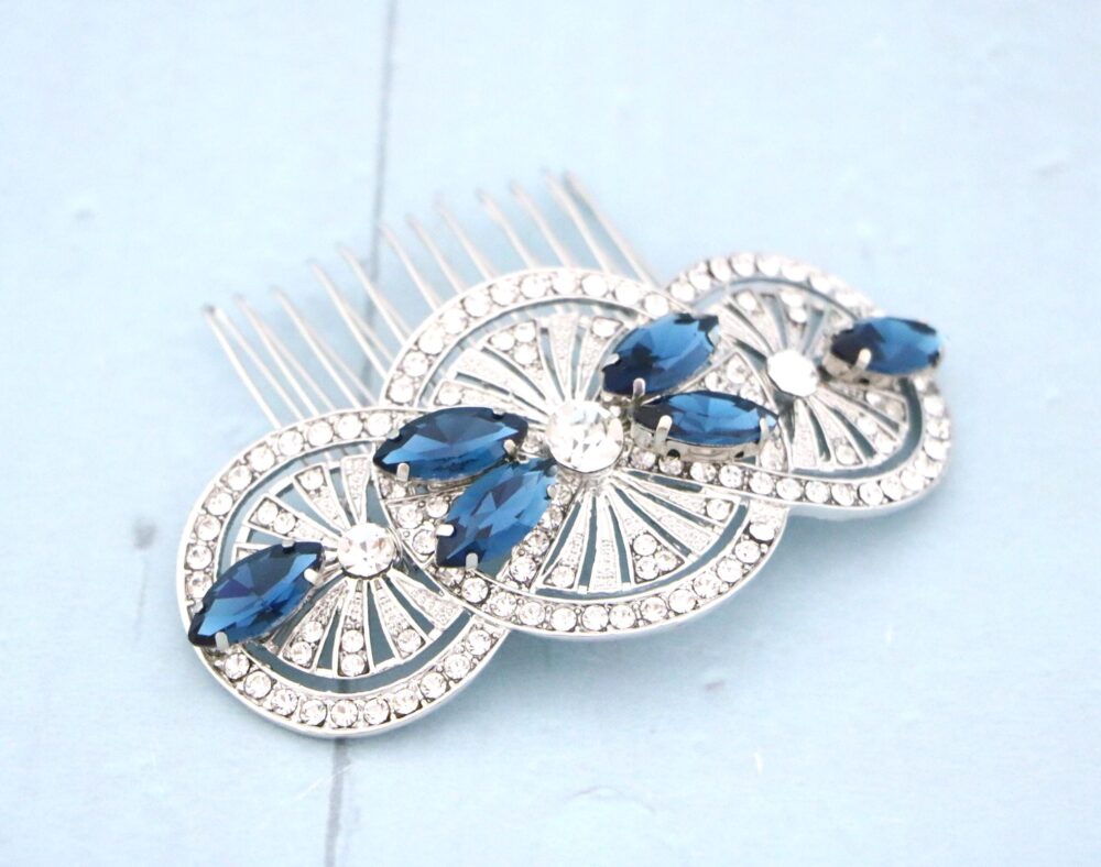 Crystal Bridal Hair Comb, Silver Rhinestone Wedding Headpiece Emerald Sapphire Blue Hair Clip Accessories Navy Blue Comb