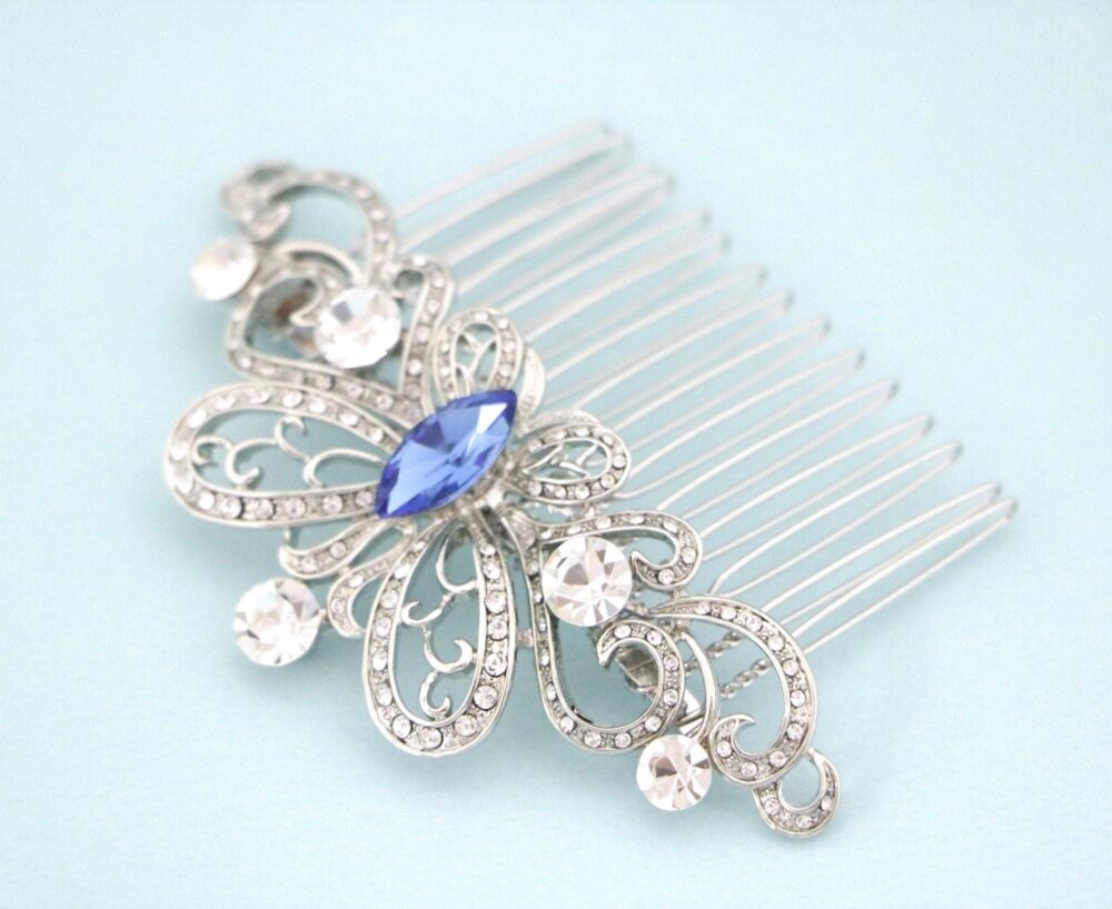 Sapphire Crystal Bridal Hair Comb, Silver Rhinestone Wedding Headpiece Hair Clip Accessories Navy Blue Comb