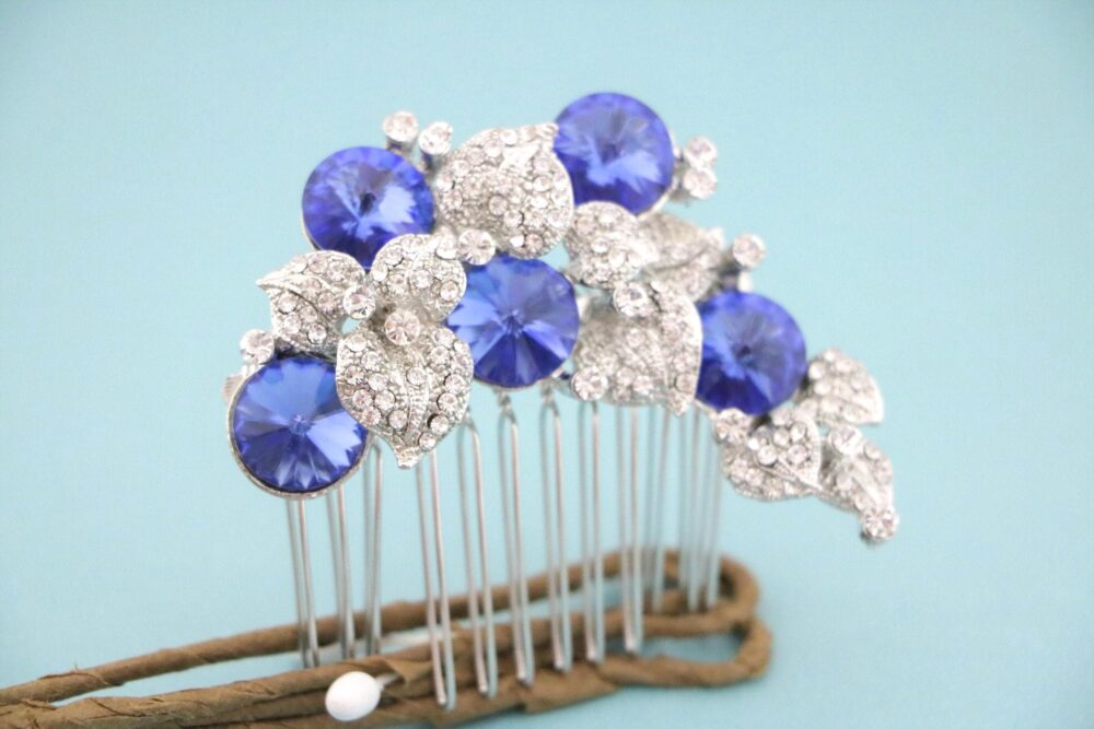 Crystal Bridal Hair Comb Emerald Sapphire Blue Wedding Headpiece Rhinestone Headpiece Silver Hair Clip Navy Blue Comb