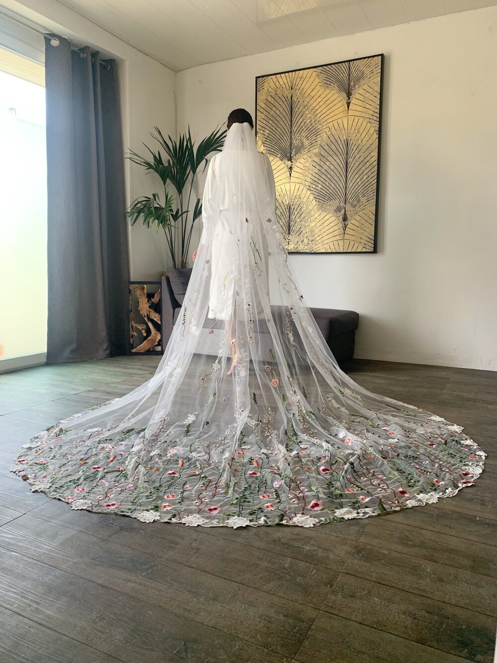 Bridal Whimsical Wedding Veil With Colorful Embroidery, Fairy Floral Fantasy Cathedral, Chapel, Floor Length, Fingertip Veils Comb