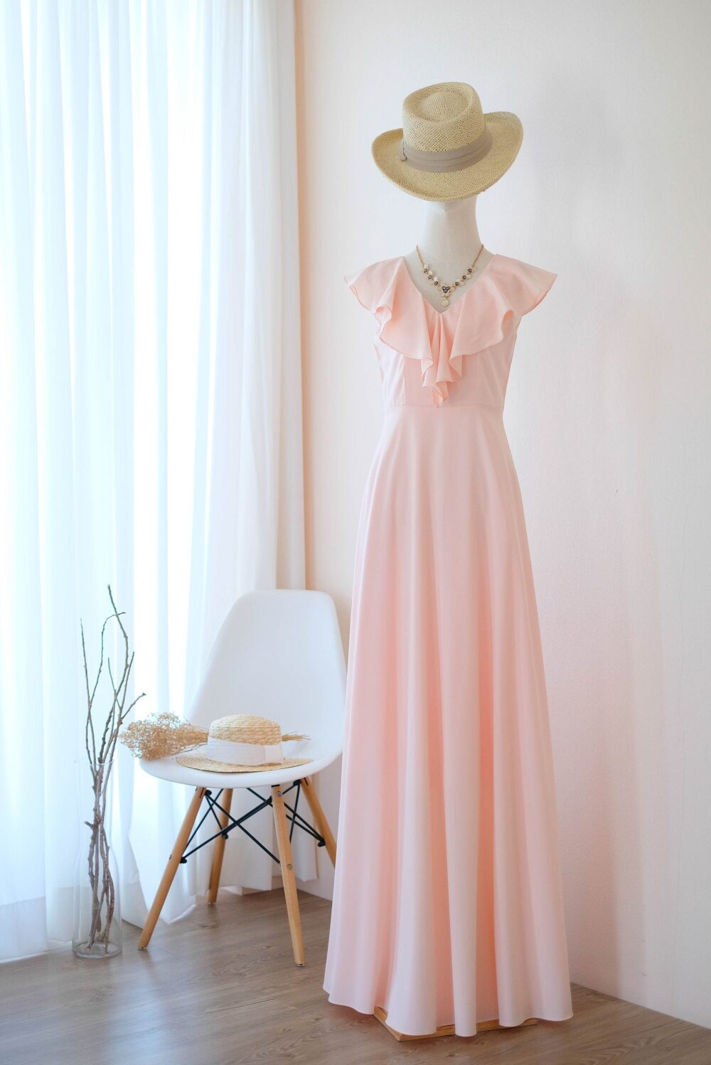 Pink Blush Bridesmaid Dress, Maxi Wedding Guest Women Dresses Formal Cocktail Party Gown Ruffle Neckline Sleeveless Floor Length