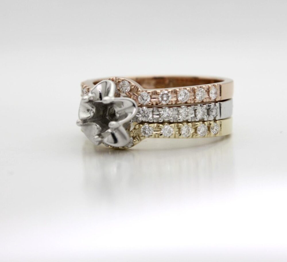 14K Tri Color Gold Tulip Engagement Ring, Bridal Or Tridal Set, Wedding Band Diamond Semi Mount Set Your Diamond, Gemstone, Moissanite Usa