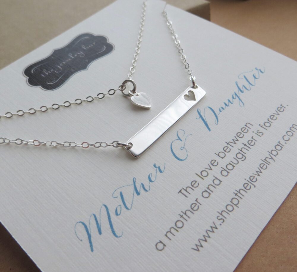 Mother Daughter Special Birthday Gift Gold Heart Cutout Bar Necklace Mother Mothers Day Set Mommy & Me