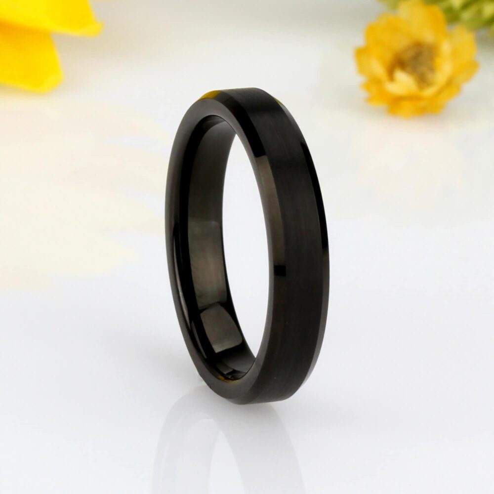 4mm Black Tungsten Ring Brushed Center, High Polished Beveled Edge, Custom Engraved Wedding Band