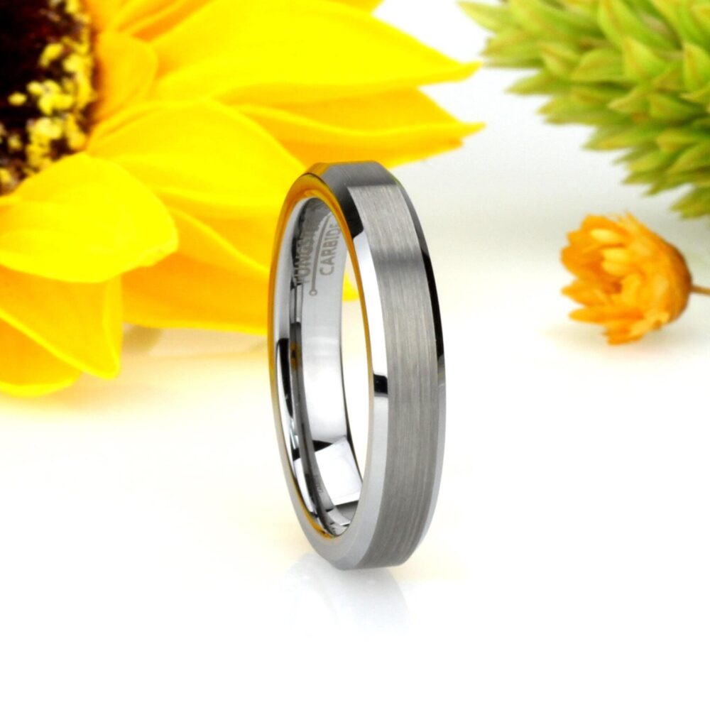 4mm Brushed Tungsten Ring High Polish Beveled Edge, Comfort Fit, Custom Engraved Wedding Band