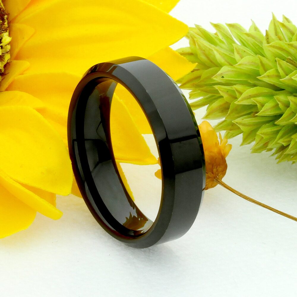 Shiny Black Tungsten Ring 6mm Flat, Beveled Edge, Custom Engraved, Wedding Band