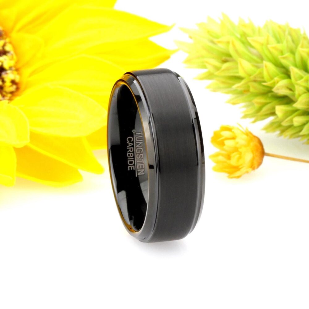 Brushed Black Tungsten Ring 8mm Flat Comfort Fit, Stepped Edge, Custom Engraved, Wedding Band