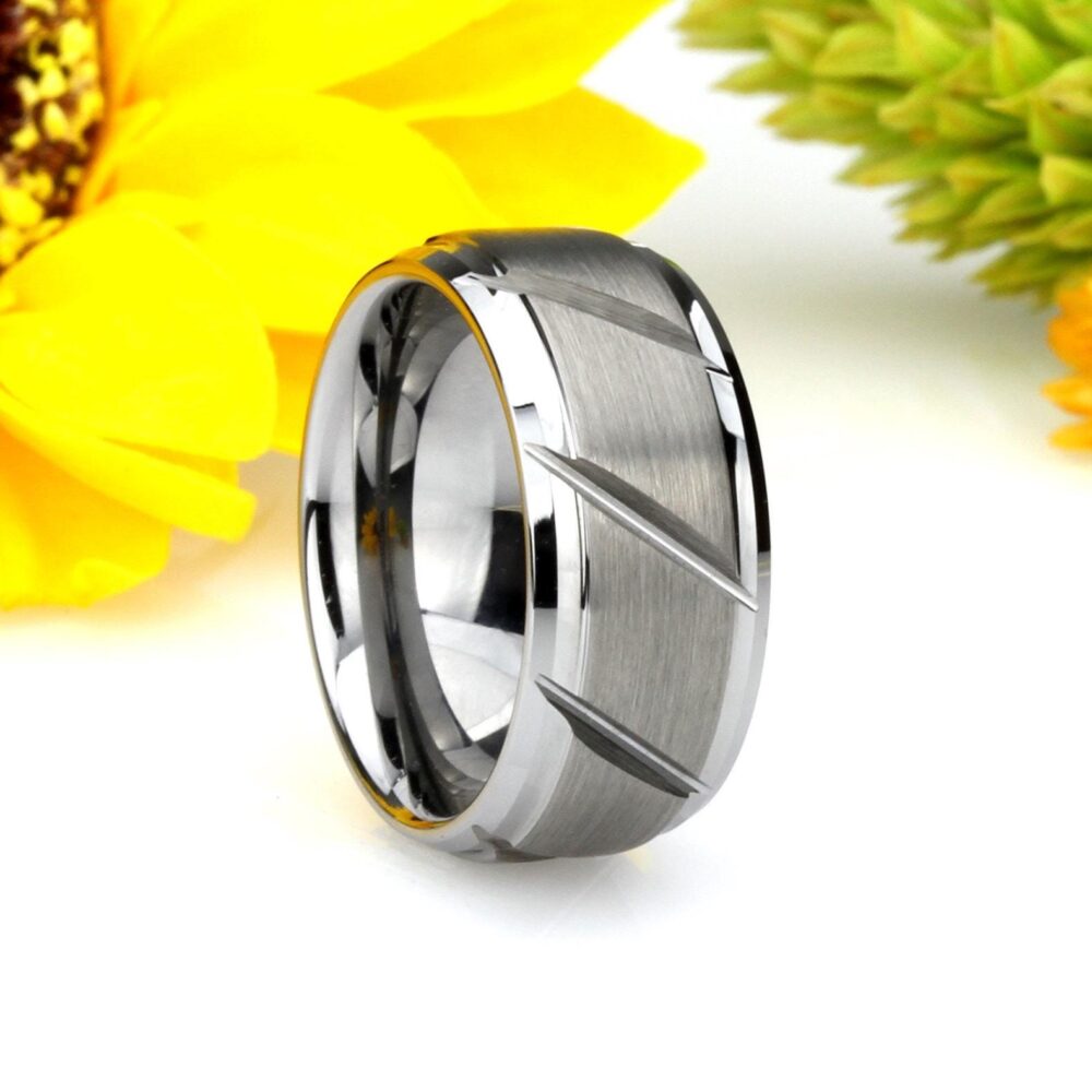 Diagonal Grooves Tungsten Ring 9mm Brushed, Comfort Fit, Custom Engraved, Wedding Band