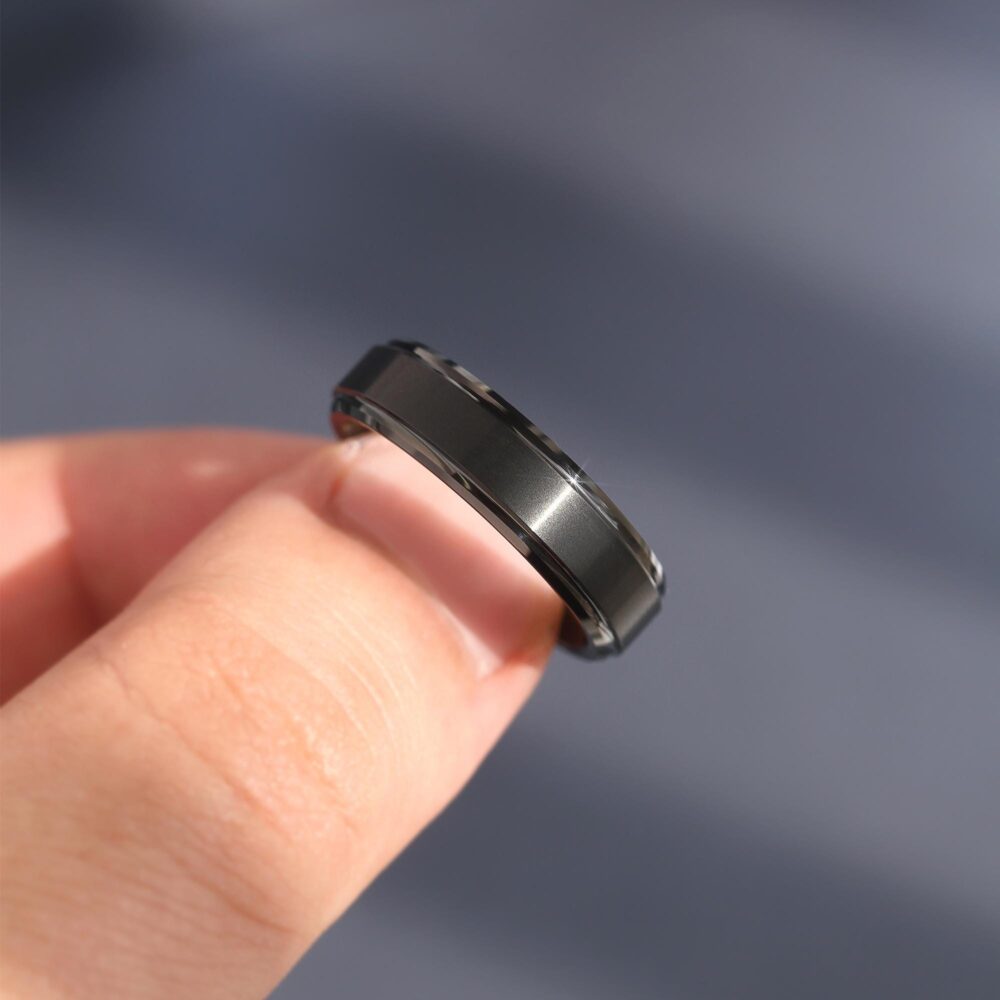 Brushed Black Tungsten Ring 6mm Flat Comfort Fit, Stepped Edge, Custom Engraved, Wedding Band