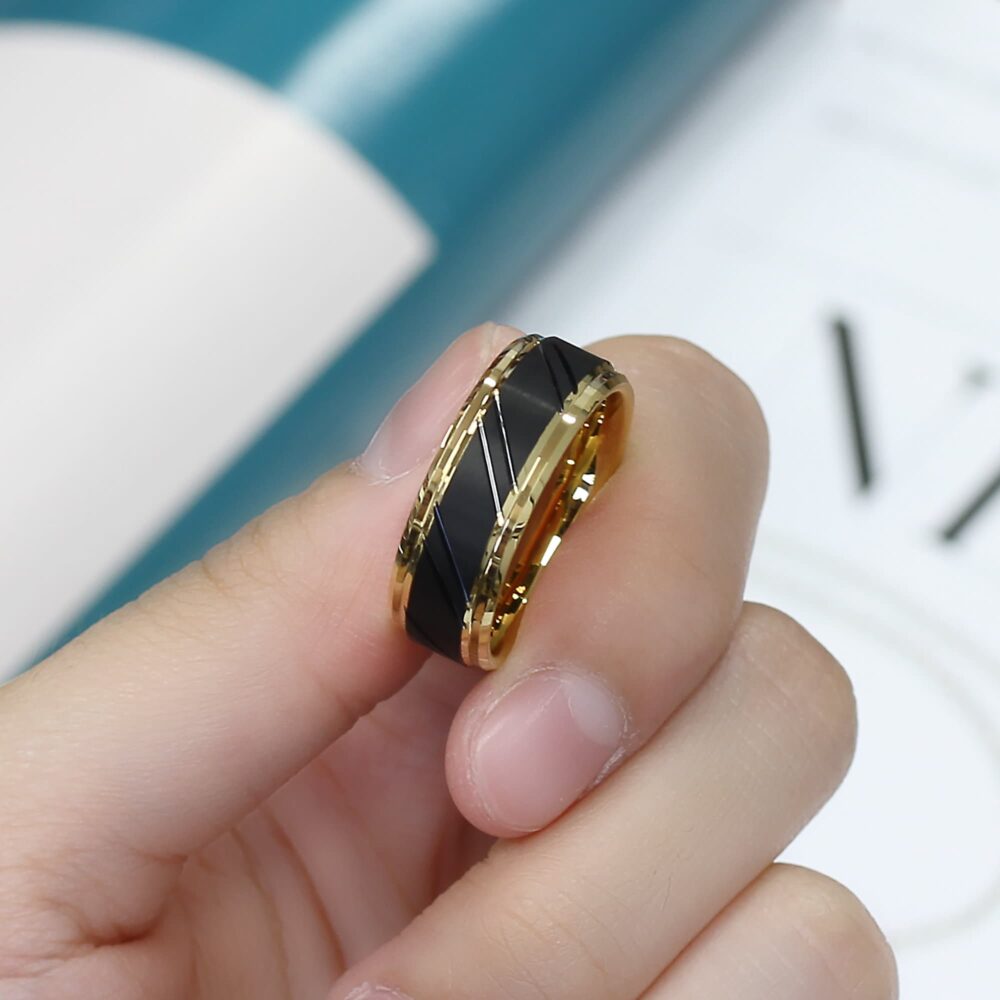 Gold Tungsten Ring 8mm Black Diagonally Grooved, Comfort Fit, Custom Engraved Wedding Band