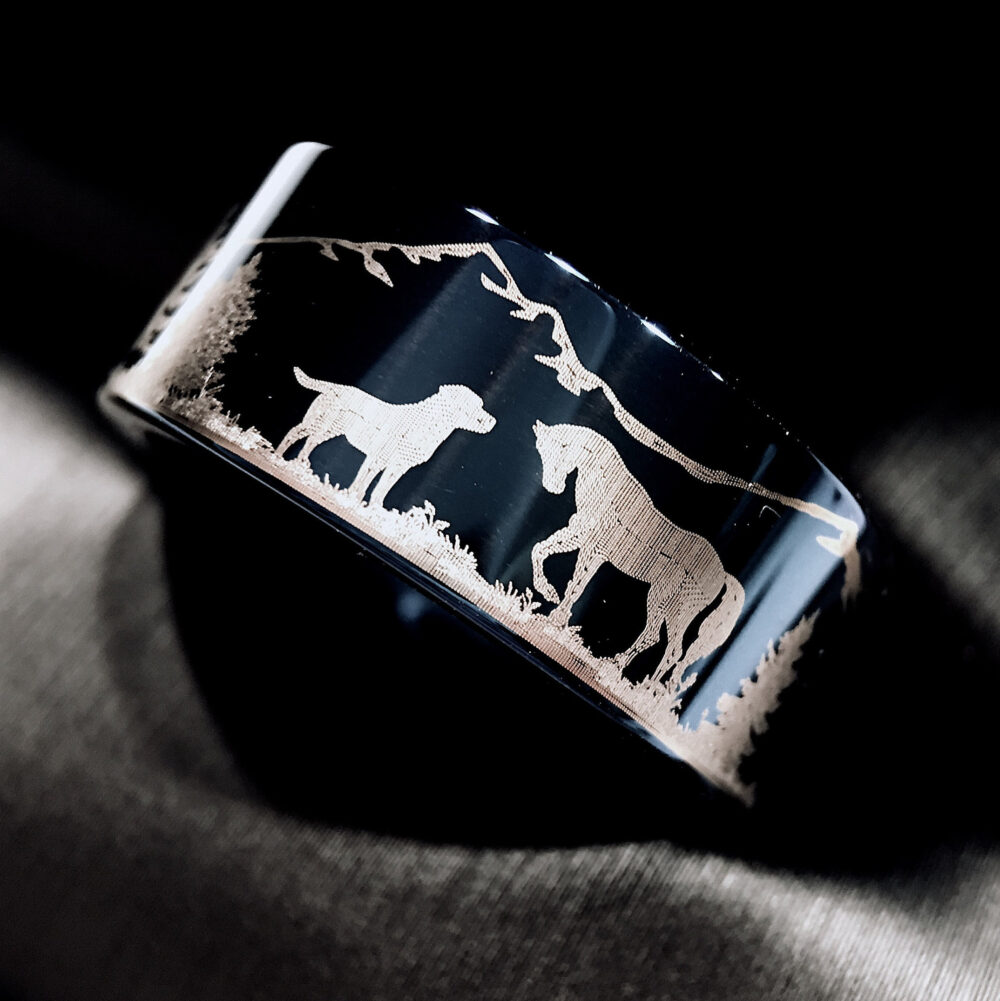 Blue Tungsten Ring | Horse & Dog Engraved Wedding Band - 8mm, Unisex