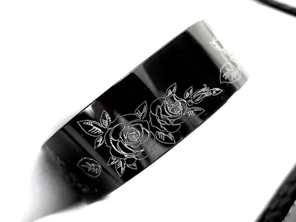 Black Tungsten Rose Engraved Wedding Band - Floral Promise Ring | 8mm 10mm 12mm
