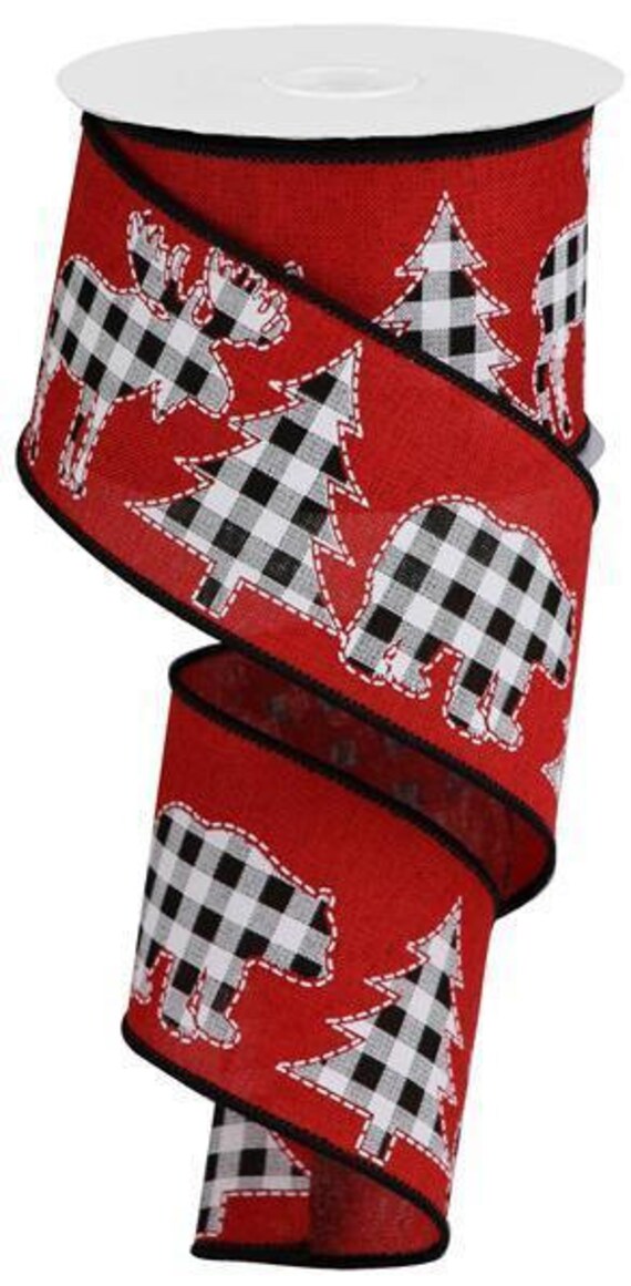 Christmas Wired Red Royal Burlap Ribbon With Appliqued Look Bear & Tree White Black Buffalo Plaid 2.5" X 10 Yard Roll Rgb111724