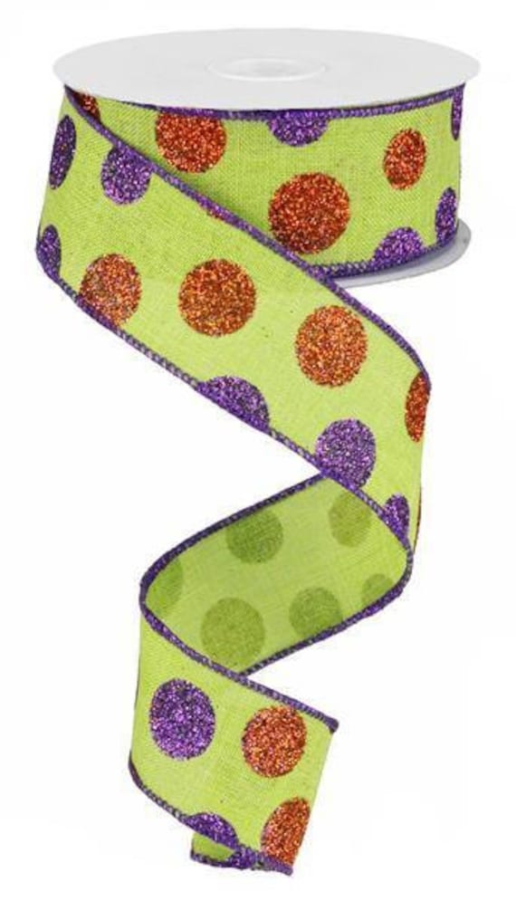 Halloween Glitter Dot Print On Lime Green Wired Royal Burlap Ribbon Finished in A Matching Edge 1.5x10 Yd Rg0170633