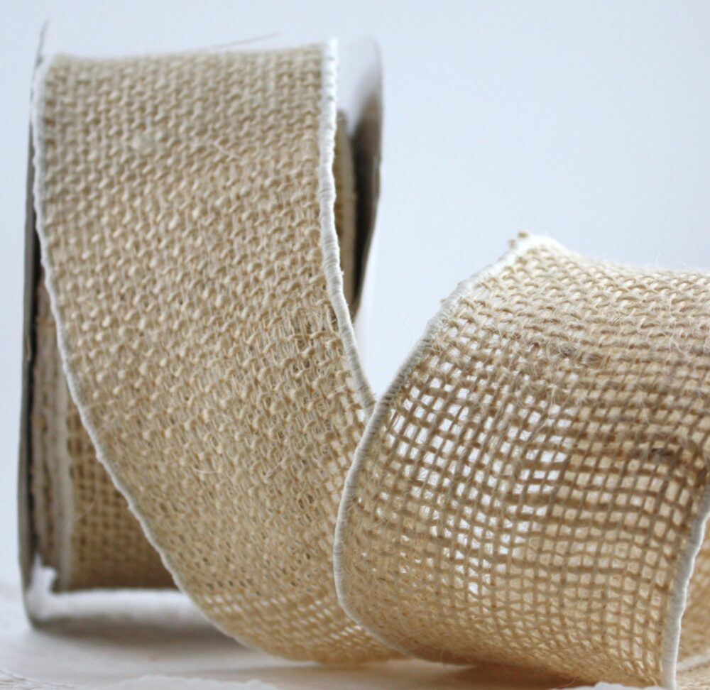 Wired Burlap Ribbon/White Border 2" Wide By The Yard