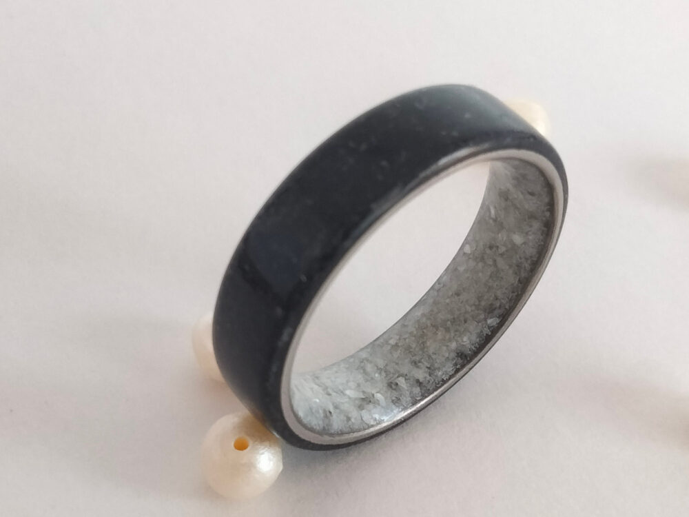 Titanium Mens Wedding Band Black Tourmaline & White Pearl Ring