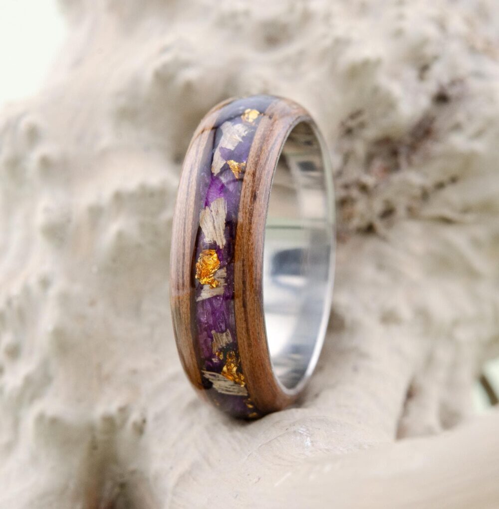 American Walnut Titanium Men Wedding Band With Purple Iris, Rings Ring Iris